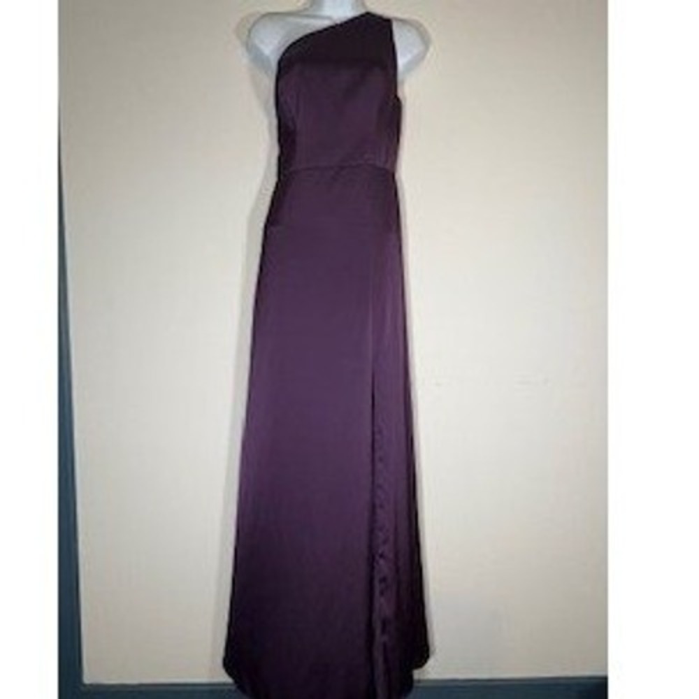 Birdy Grey One Shoulder Maxi Dress Purple Satin Slit Gown Bridesmaid Small